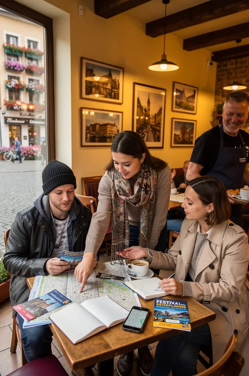 Infografik zeigt den Ablauf einer organisierten Kulturfestivalreise mit inkludierten Services.